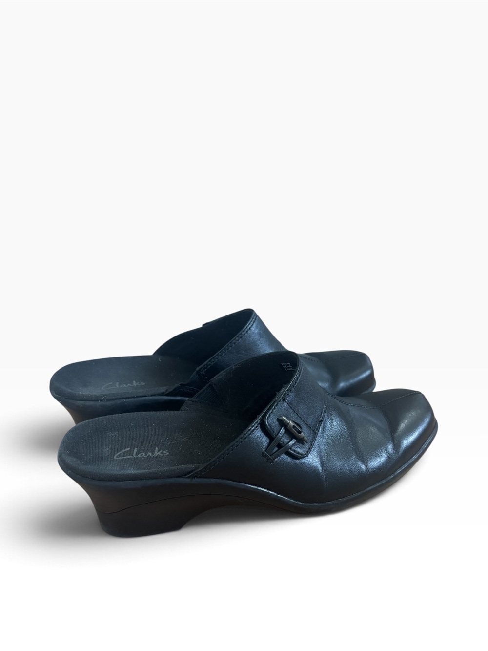 Clarks Black Clog Mule Leather Toggle Wedge Heel Slip On Shoe Womens Size 7